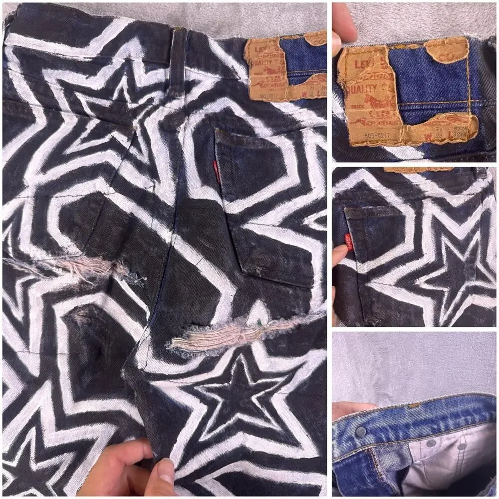 Vintage 1977 Levi’s 505-0217 Jeans 27x30 Hand Painted Stars Distressed USA